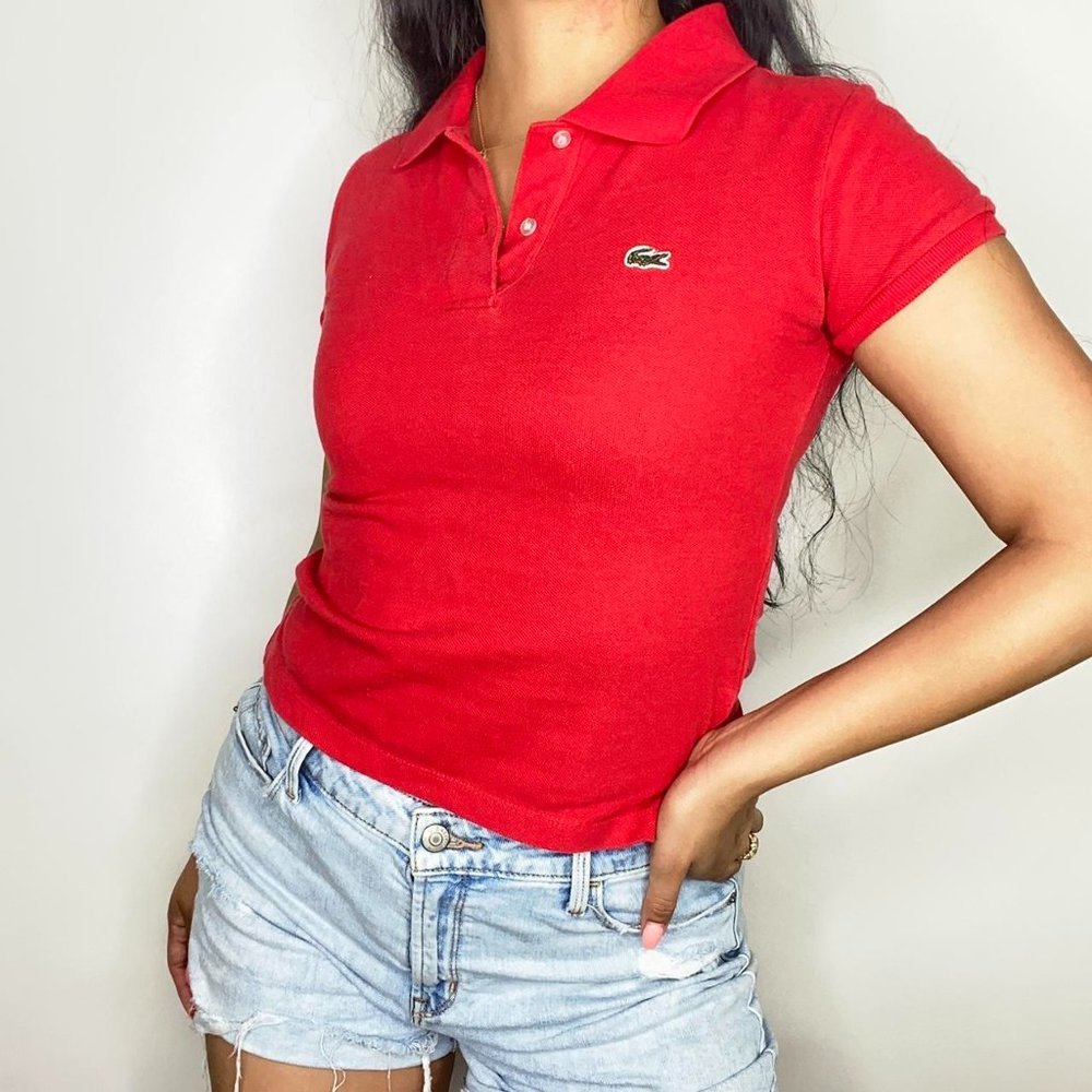 Bright apple red Lacoste polo top in amazing condition! Button up polo
